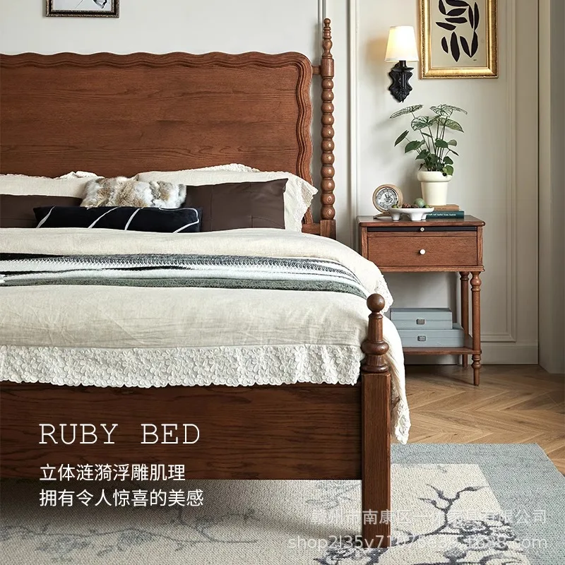 

French retro red oak full solid wood bed master bedroom double 1.8 meters solid wood bed American retro wave bed