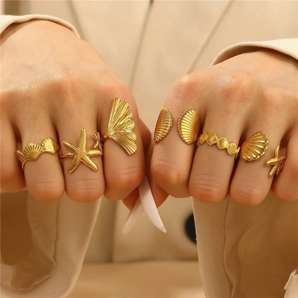 10 Stück verstellbare Ringe aus Edelstahl für Damen und Herren, Ozean-Tier- und Pflanzen-Themen-Schmuck, Großhandelsgeschenke – Detail 1