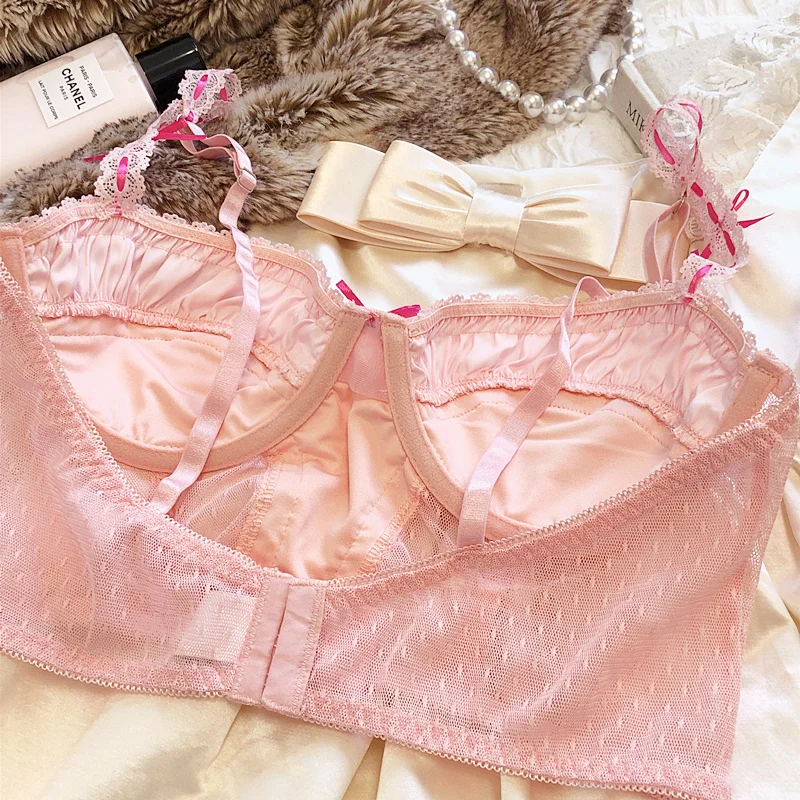 1 Pcs/Fashion Underwear French Sexy Lace Pink Ultra Thin Bra Young Girl Cute Vest Type Lingerie Summer Mesh Breathable Brassiere