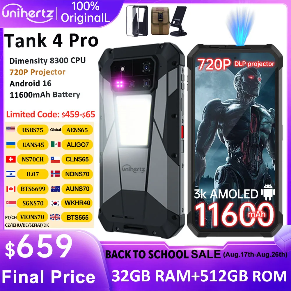Unihertz Tank 4 Pro 8849 Outdoor-Handy 5G mit integriertem 720P-Projektor, IP68/69, Dimensity 8300, 512GB/1TB ROM, 16GB/18GB RAM, 3k AMOLED