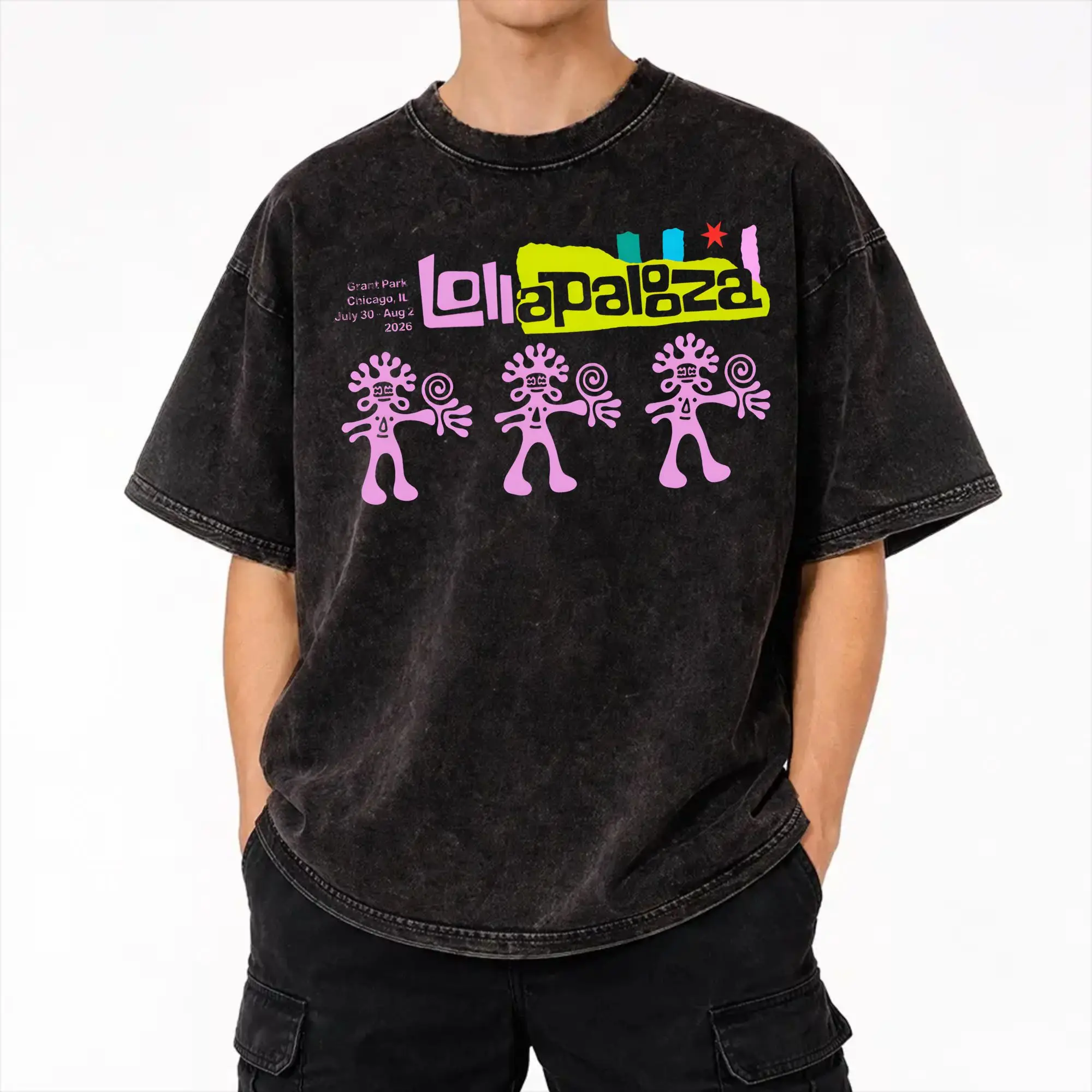 Chicago Music Festival Lollapalooza 2026 T Shirt Hip Hop Washed Short Sleeve Oversize T-Shirts  Vintage Men Women Streetwear