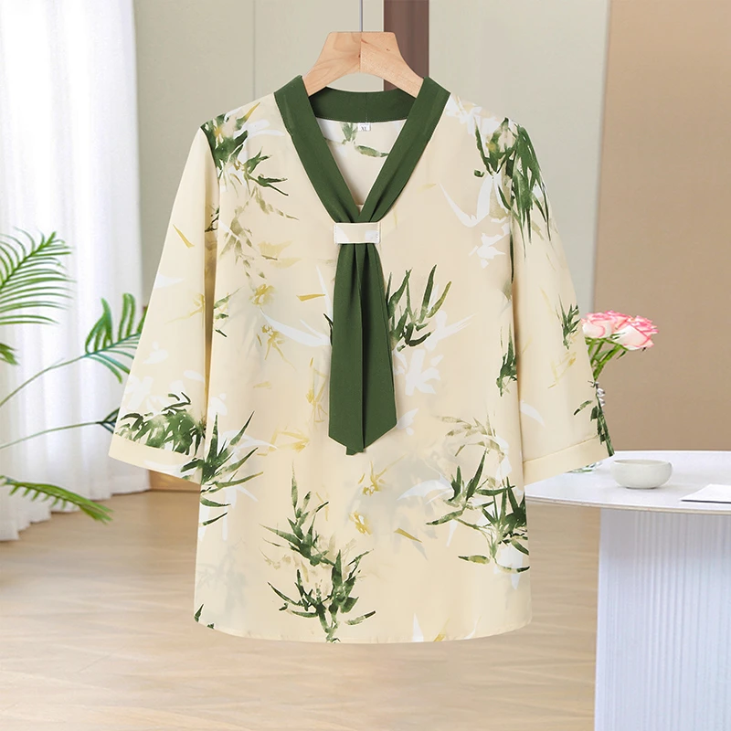 

Фрагментированная футболка с круглым вырезом, топ среднего возраста, рубашка для мамы пожилого возраста, летняя рубашка свободного покроя больших размеров, увеличенная темпераментная рубашка