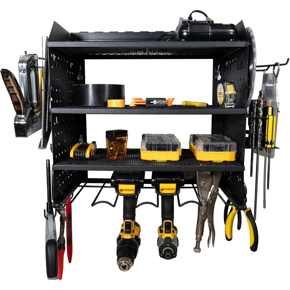 

Органайзер для электроинструментов Ular Pegboard Rack с зарядной станцией. Настенный держатель для дрелей на 4 уровня, органайзер для инструментов и аккумуляторов механика.