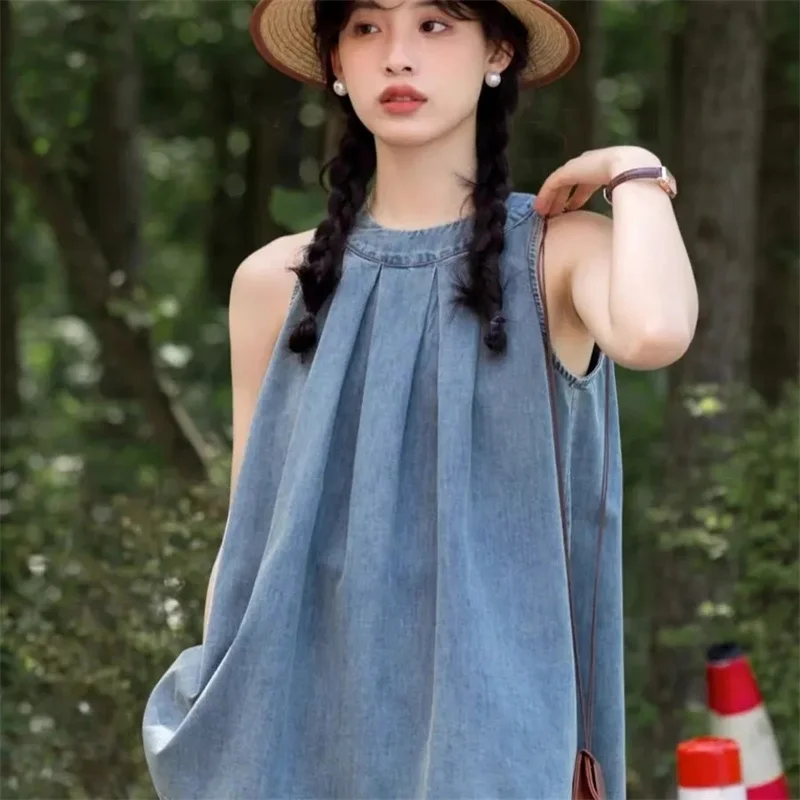 

Hong Kong Style Retro Solid Color Pleated Hanging Neck Shirt Vest Women's Vest 2026 Summer New Loose Sleeveless Denim Coat Top