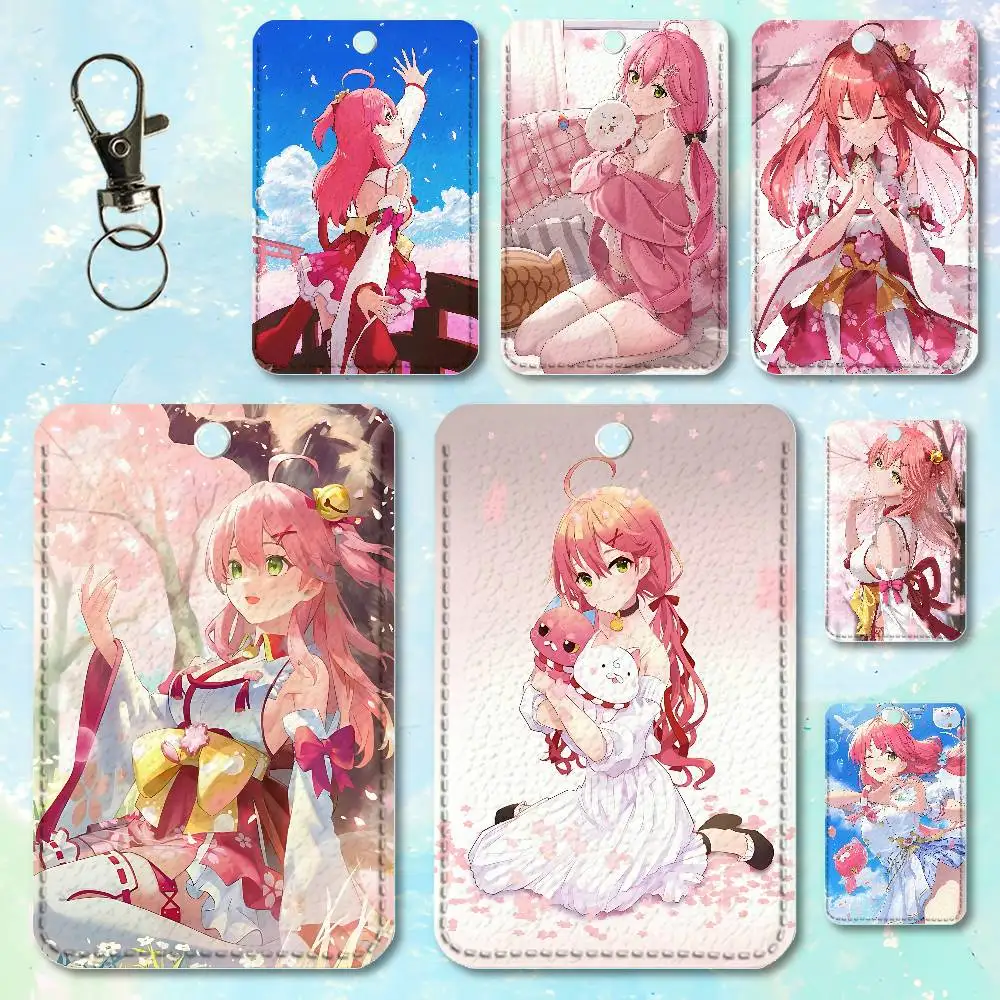 

Pink Cute S-Sakura M-Miko Key Tag Ring Leather Card Holder Key Ring Rectangle Access Card Holder