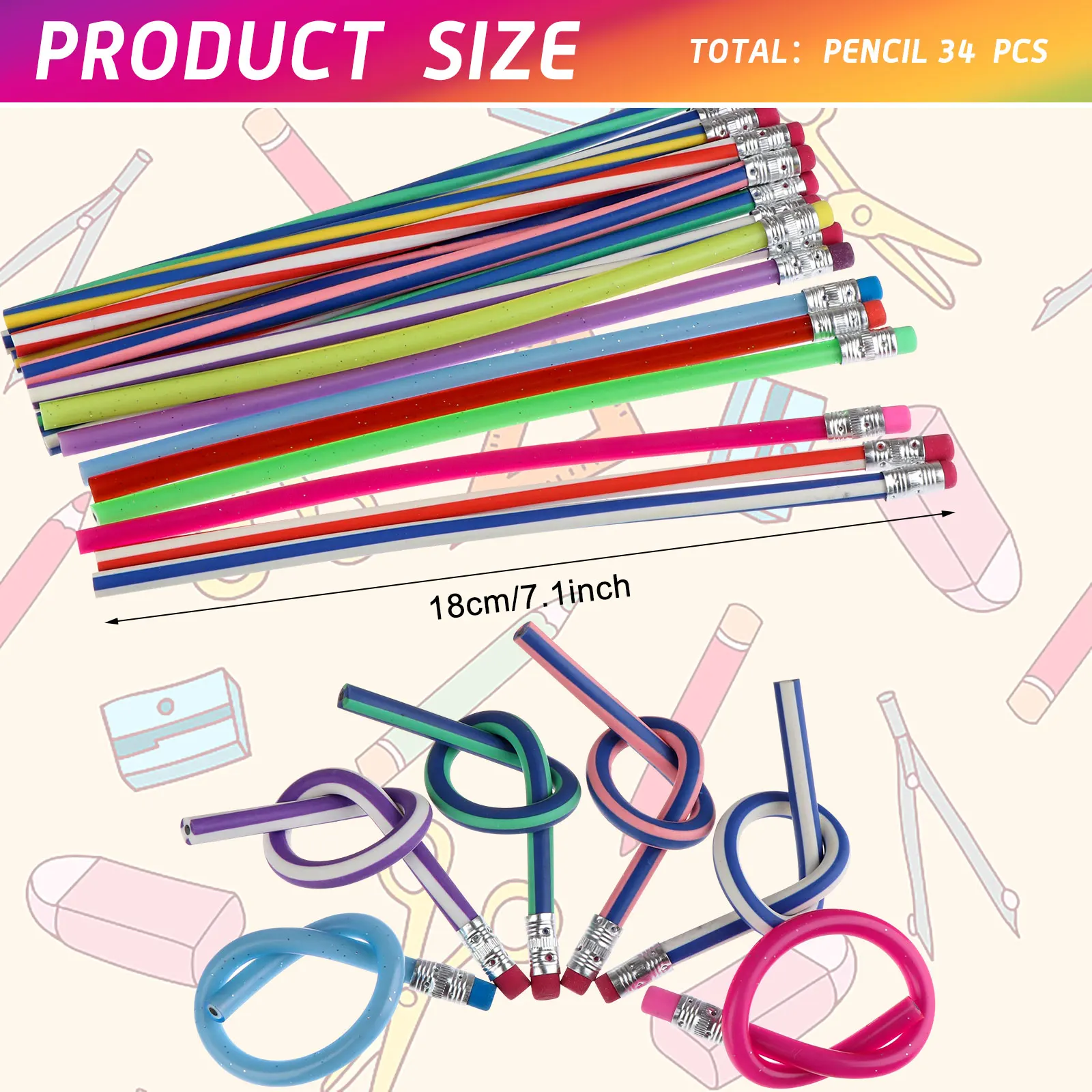 Lápis flexíveis Bendy para crianças, listra colorida, macio, 5pcs