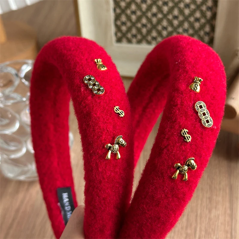 

Unique Red Woolen Hair Band for Women Gold Charm Embellished Padded Headband Retro Style Thick Hair Accessory Aesthetic Gift