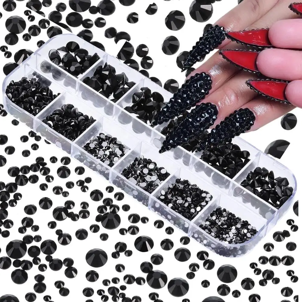 

12Grids 3D Black Round Nail Art Rhinestones Mixed-Size FlatBack Glass Diamonds Gems Nail Charms for Crafts Manicure Decorations