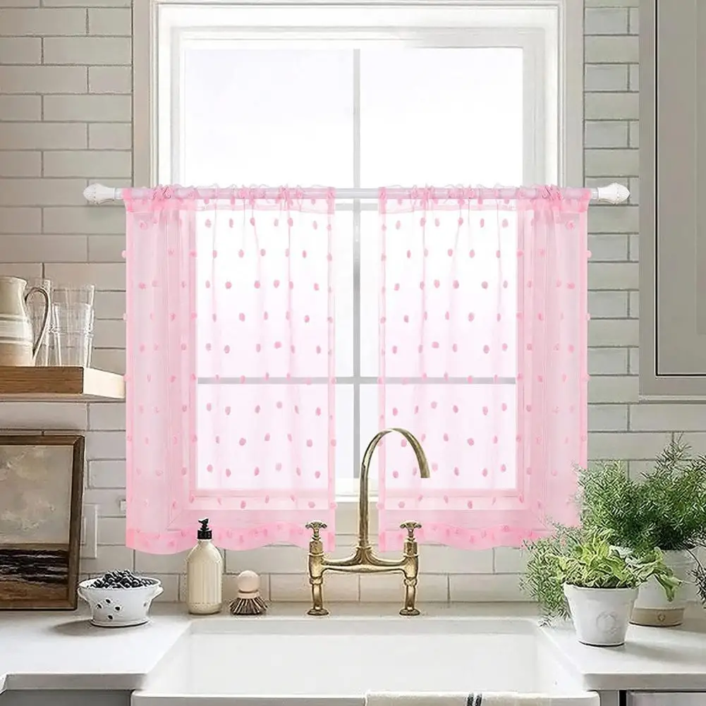 Window Curtain Soft Texture Fur Balls Rod Through Design Short Curtain Easy Care Mesh Lace Hem Window Valance Home Supplies