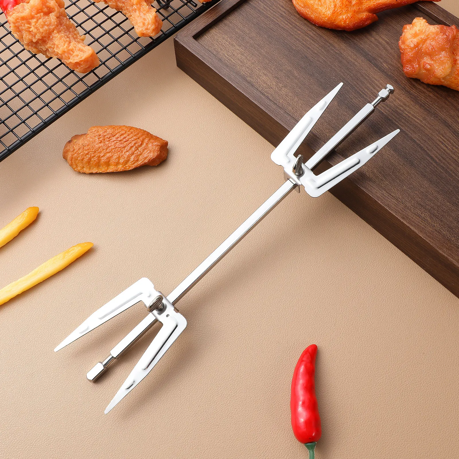 Rotating Roast Chicken Fork Stainless Steel Air Fryer Meat Grilling Tool for Home Bbq Party Outdoor Rotisserie Cooking Grill