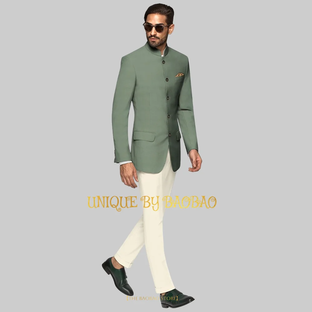 

Men formal suit 2-piece African/Indian style green-gray blazer & beige pants, fashion wedding groom banquet party custom attire