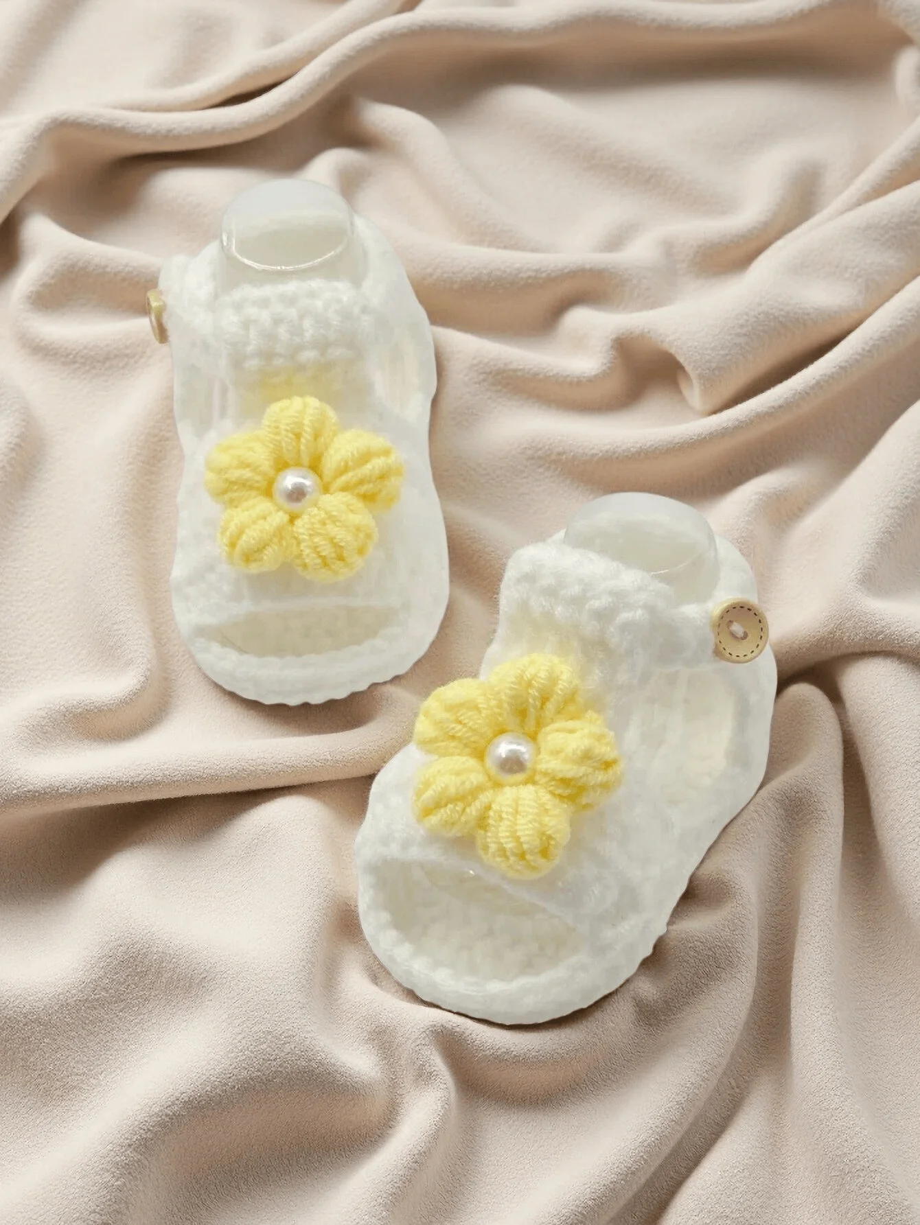 1 Pair Handmade Crochet Baby Girl Sandals, White with Yellow Flower, Pearl Accent, Infant Shoes