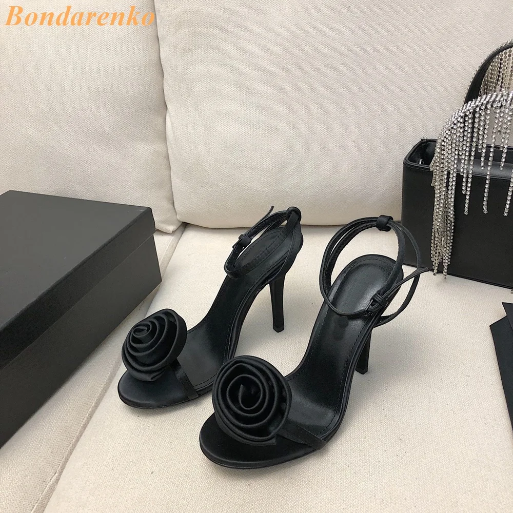 Flower Decor Satin Sandals Thin High Heel Runway 2024 Summer Fashion Solid Rosy Black New Arrivals Women Sandals