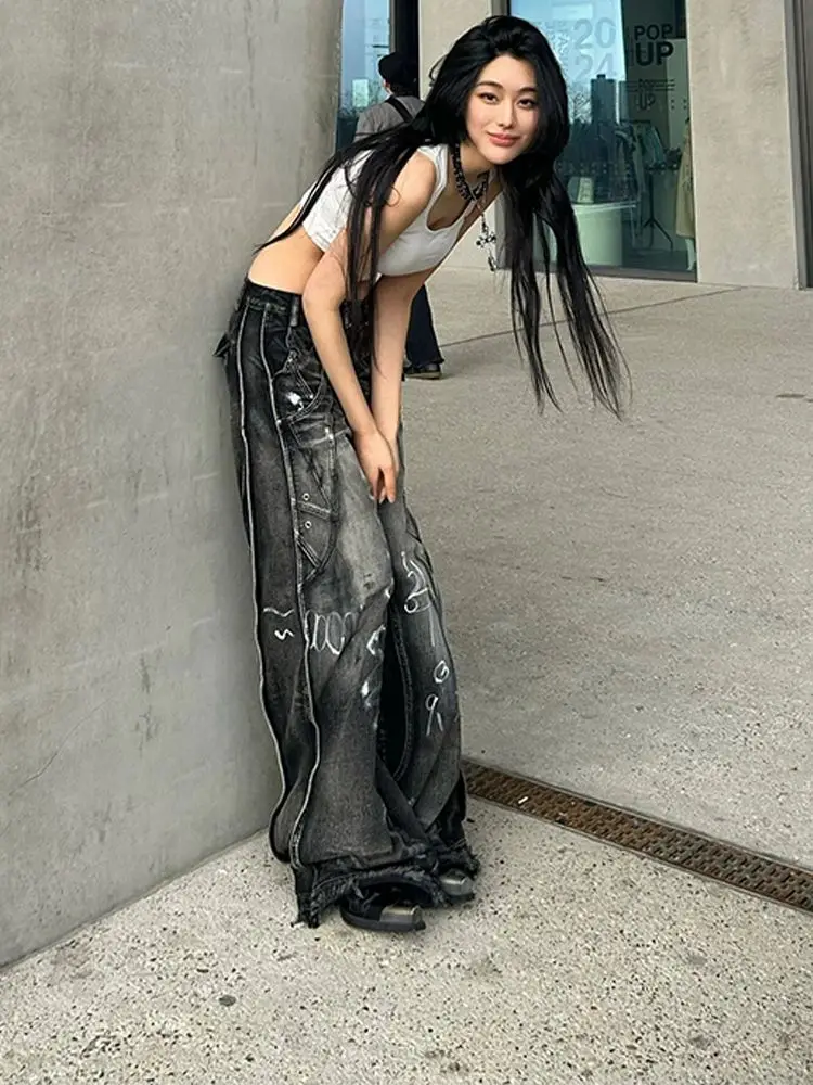 Pantalones vaqueros de talla grande con tinte anudado para mujer, pantalones de pierna ancha Vintage estilo hip hop americano, ropa de calle holgada, pantalones largos hasta el suelo 2024