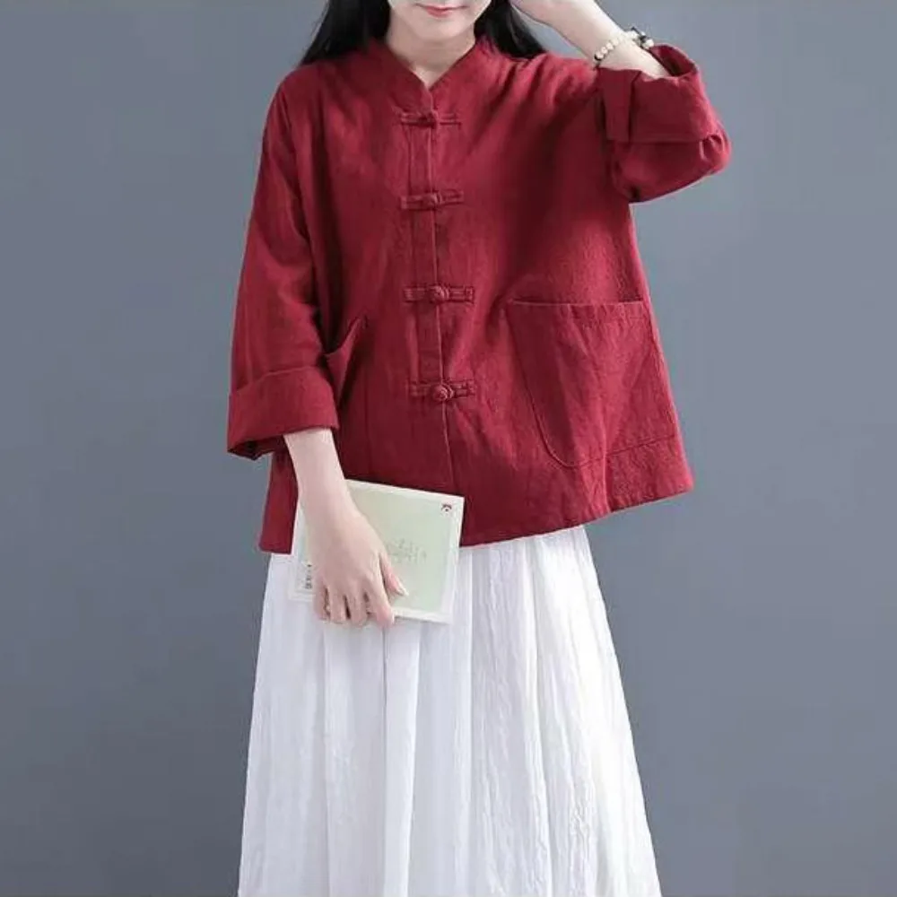 Liziqi Traditional T-shirt Casual Full Sleeve Chinese Blouse Women Tops Trousers Cotton Linen Ancient Tang Suit Hanfu Clothing