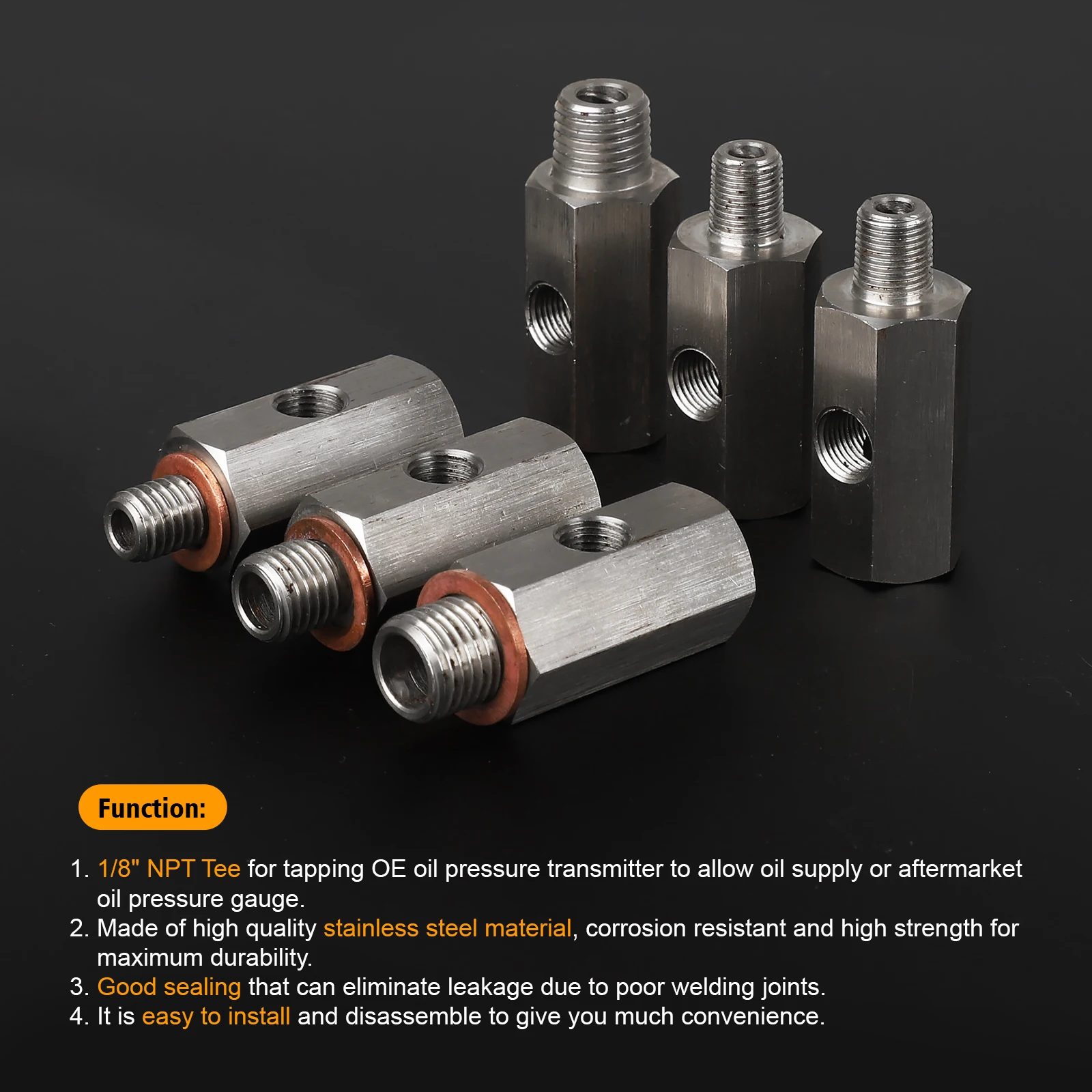JXSS029 Stainless Steel Oil Pressure Sensor Tee Adapter 1/8 NPT To M12 M10 M14