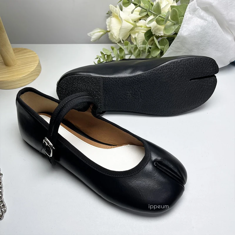 IPPEUM Black Tabi Shoes Split Toe Ballet Flats Women Plus Size 44 Mary Janes Buckle Ballerinas Zapatos Mujer