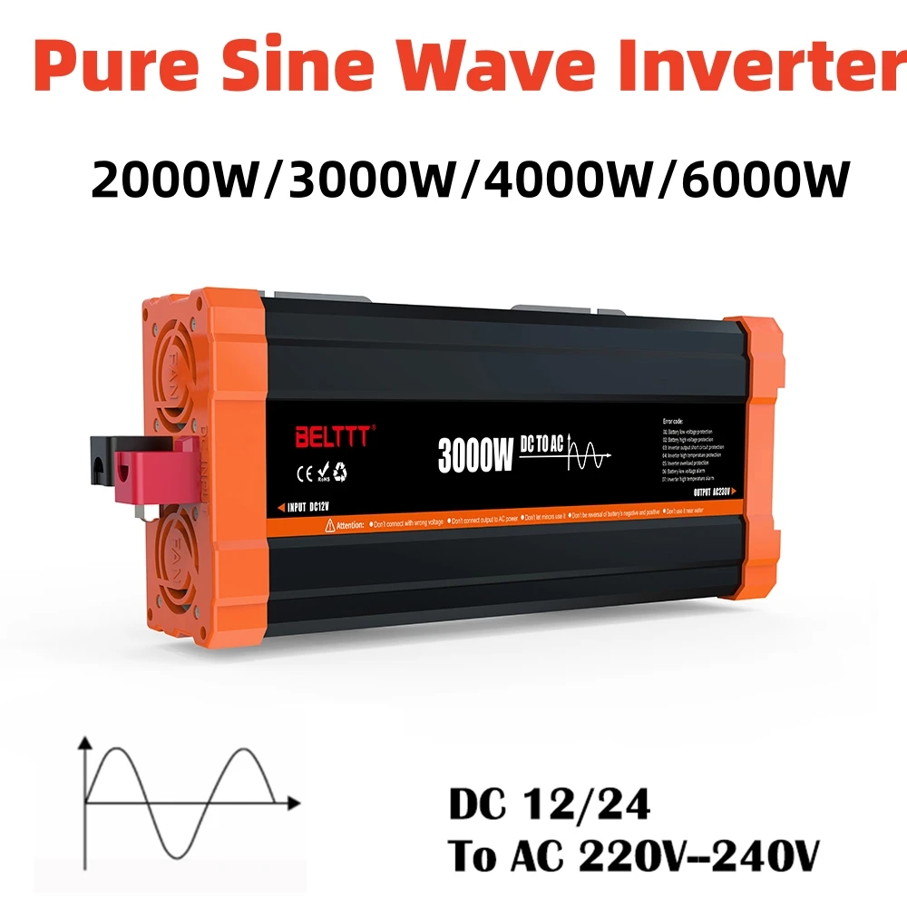 6000W 4000W Car Power Inverter Pure Sine Wave DC 12v 24v To AC 220V 230V LCD Display Home Voltage Converter Universal Socket