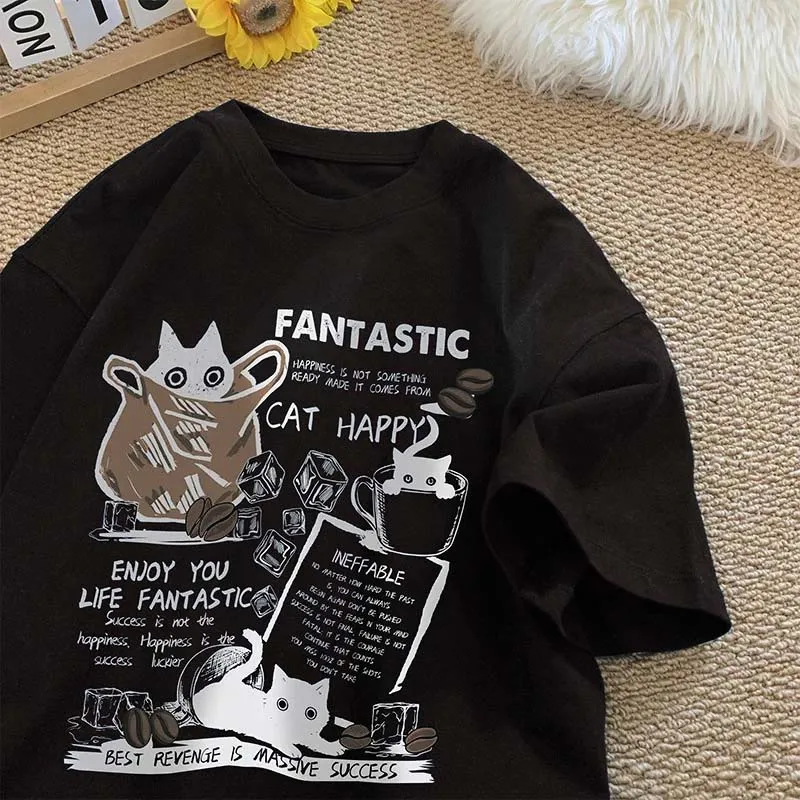 Men Women T Shirt Pullover Oversize Version Cartoon Cat Group Printed T-Shirt Casual Short Sleeve Couples T-Shirt Graphic