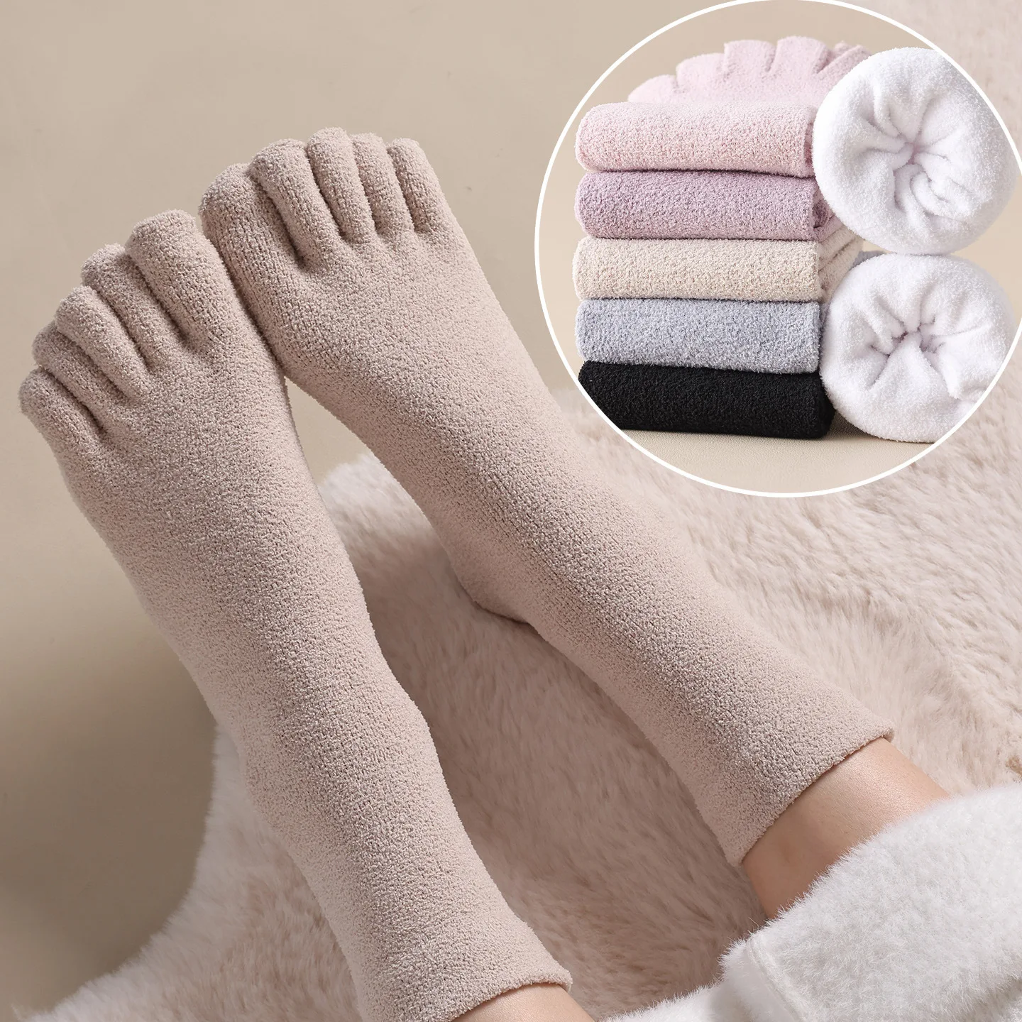3 Pairs Solid Color Thick Velvet Warm Toe Socks Winter Toe socks Women Ladies Girls Mid-tub Soft Cold-resistant Five Toed Socks