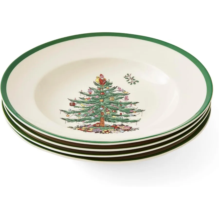 

Рождественская елка Набор 9-дюймовых суповых тарелок из 4 керамограничных суповых мисок с праздничным дизайном елки и зеленым ободком Идеально подходит для сервировки суповых макарон
