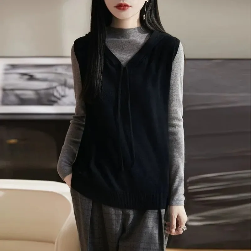 Women's Fashionable Hooded Solid Color Versatile Knitted Pullover Sweater Vest Loose Casual Bottoming Shirt Top