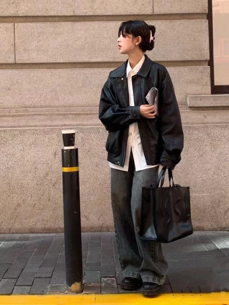 DINADD Giacca in pelle PU vintage Donna High Street Techwear Cappotti da motociclista oversize BF Punk Allentato Casual Capispalla corto