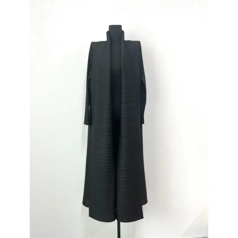 Pleats Pleated Black Gown Coat Cardigan Dress Lapel Collar Ruched Maxi Skirt Women 2024 Fall Winter Streetwear