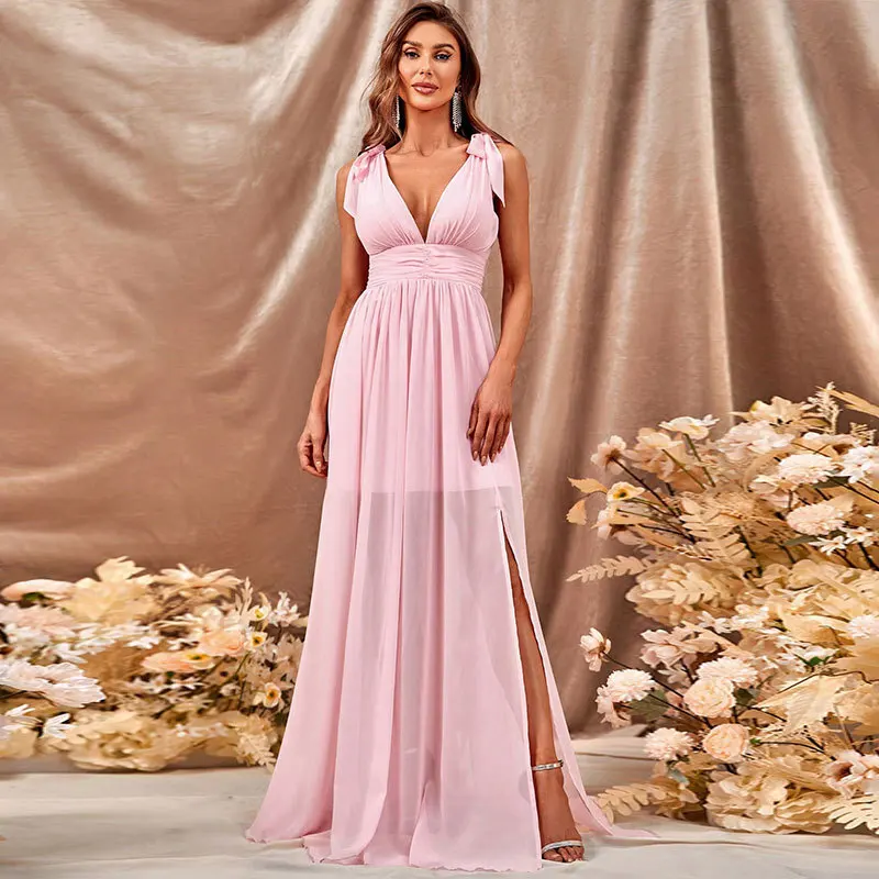 

Ky137 Милое и свежее шифоновое платье с v-образным вырезом и высоким разрезом для банкета, вечернее платье Femme 2024, летнее платье, халат, женское вечернее платье