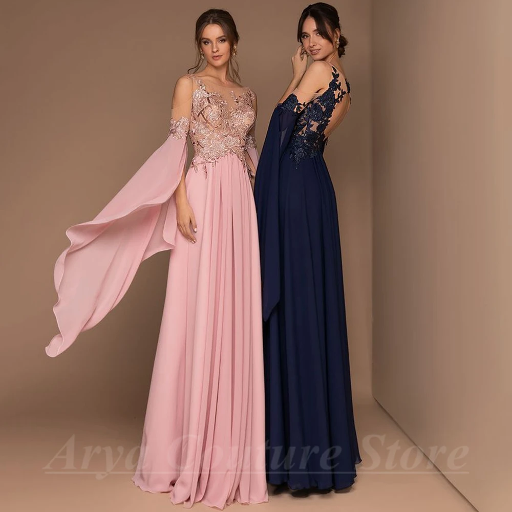 Charming Flare Sleeves Chiffon Evening Dress Scoop Neck A-Line Floor Length Delicate Tulle Applique Sexy Backless Gowns Robe