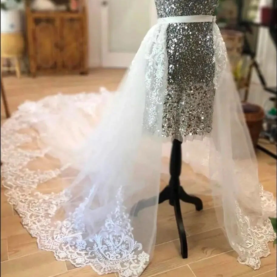 Falda desmontable con Apliques de encaje de lujo para boda, tren extraíble para vestidos de novia, sobrefalda larga