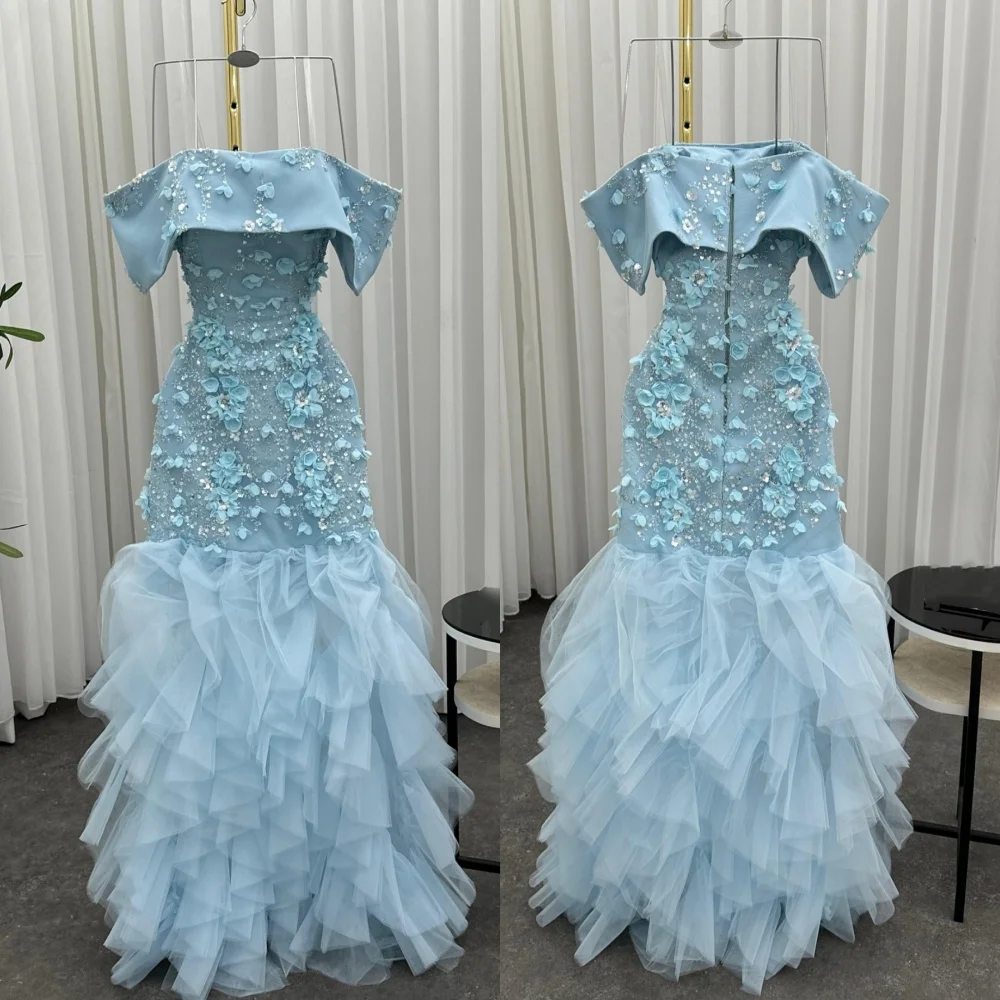 

Customized Jersey Applique SequinedRuffle Off-the-shoulder Trumpet Long Dresses Bespoke Occasion Gorgeous Glitter Zip Prom Gown