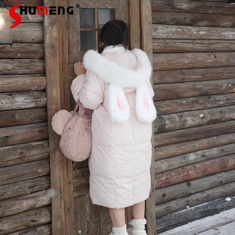 Japanse Rojita Style Soft Girl Horn Buckle Rabbit Ears Hooded Long Down Jacket Women's Winter 2024 New Zipper Cotton Top Parkas