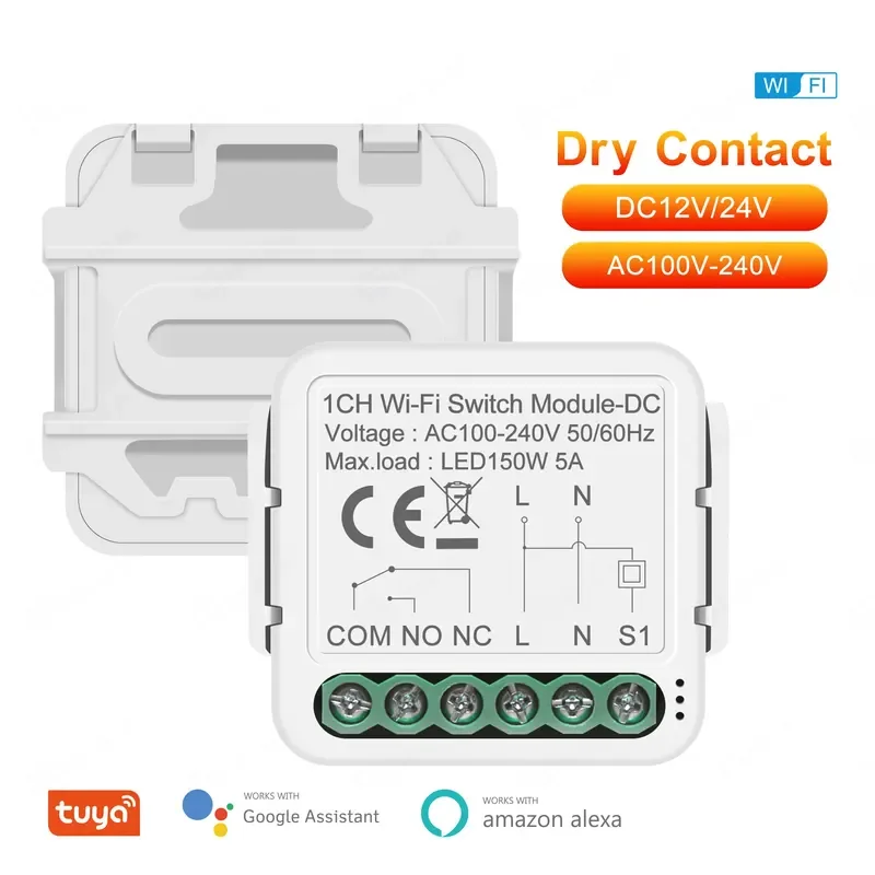 Tuya WiFi Dry Contact Smart Switch Module DC12/24V AC100-240V Smart Home DIY Breaker Relay Works with Google Alexa