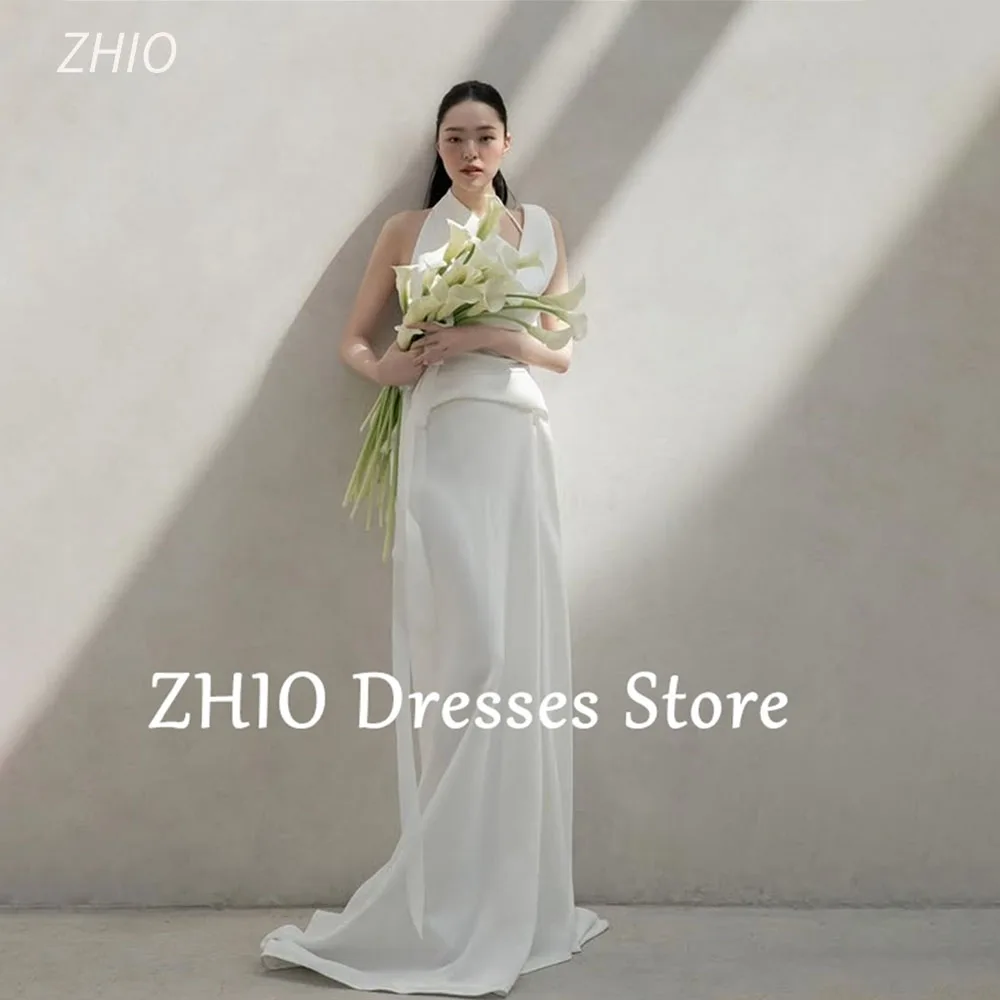 

ZHIO Simple Halter Mermaid Wedding Dress Party Dress Floor Length Sweep Train Bridal Gown Korea Photo Shoot Cutomized Elegant