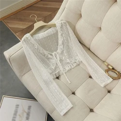 Women Summer Sun Protection Coat Lace Bow Ruffle Cardigan Shirt Female Blouse Tops for Woman Covers Blusa White Y2K Korean Tee