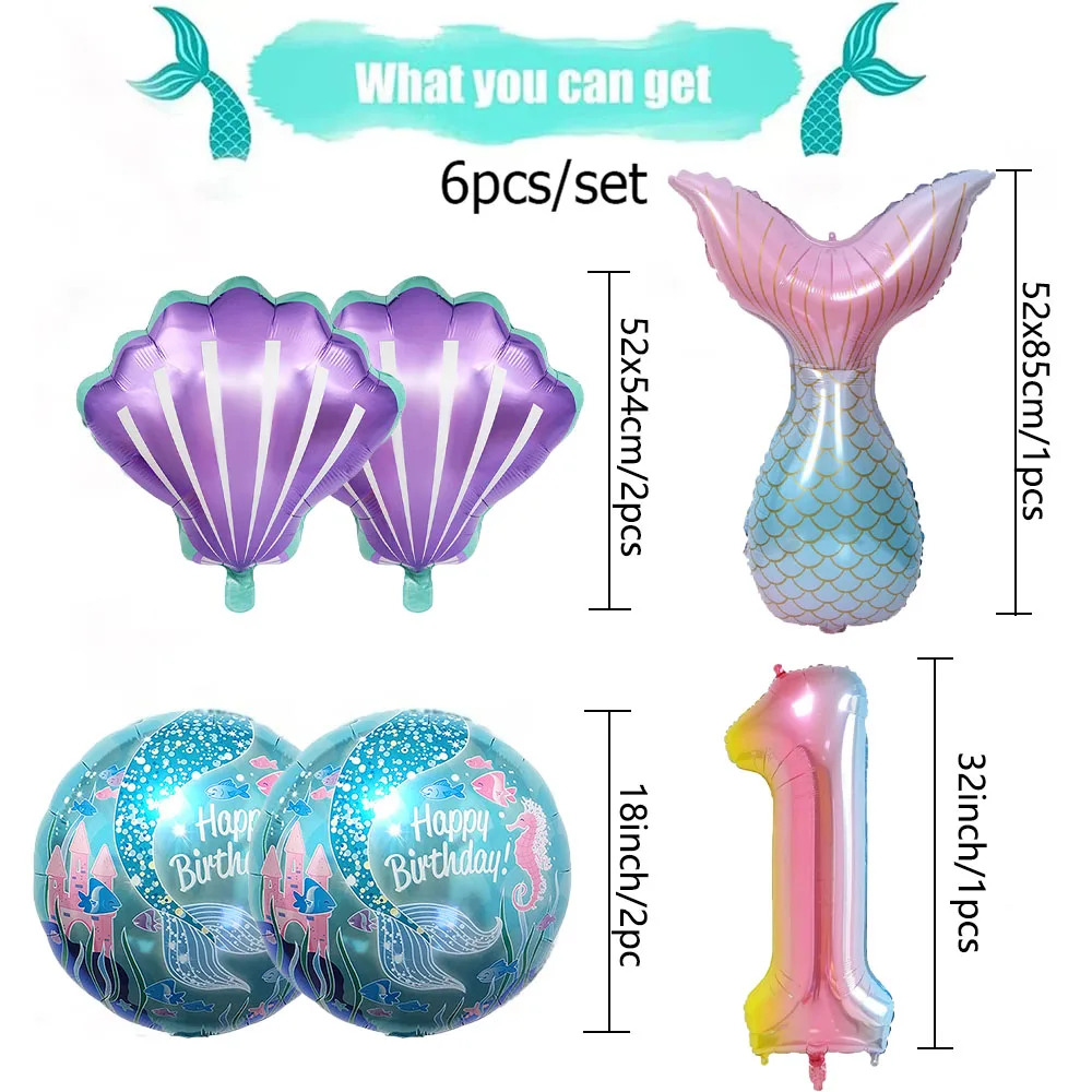 6pcs Mermaid Balloon 32 inch Digital Aluminum Foil Balloon Children's Birthday Party Decoration Baby Shower Decorations