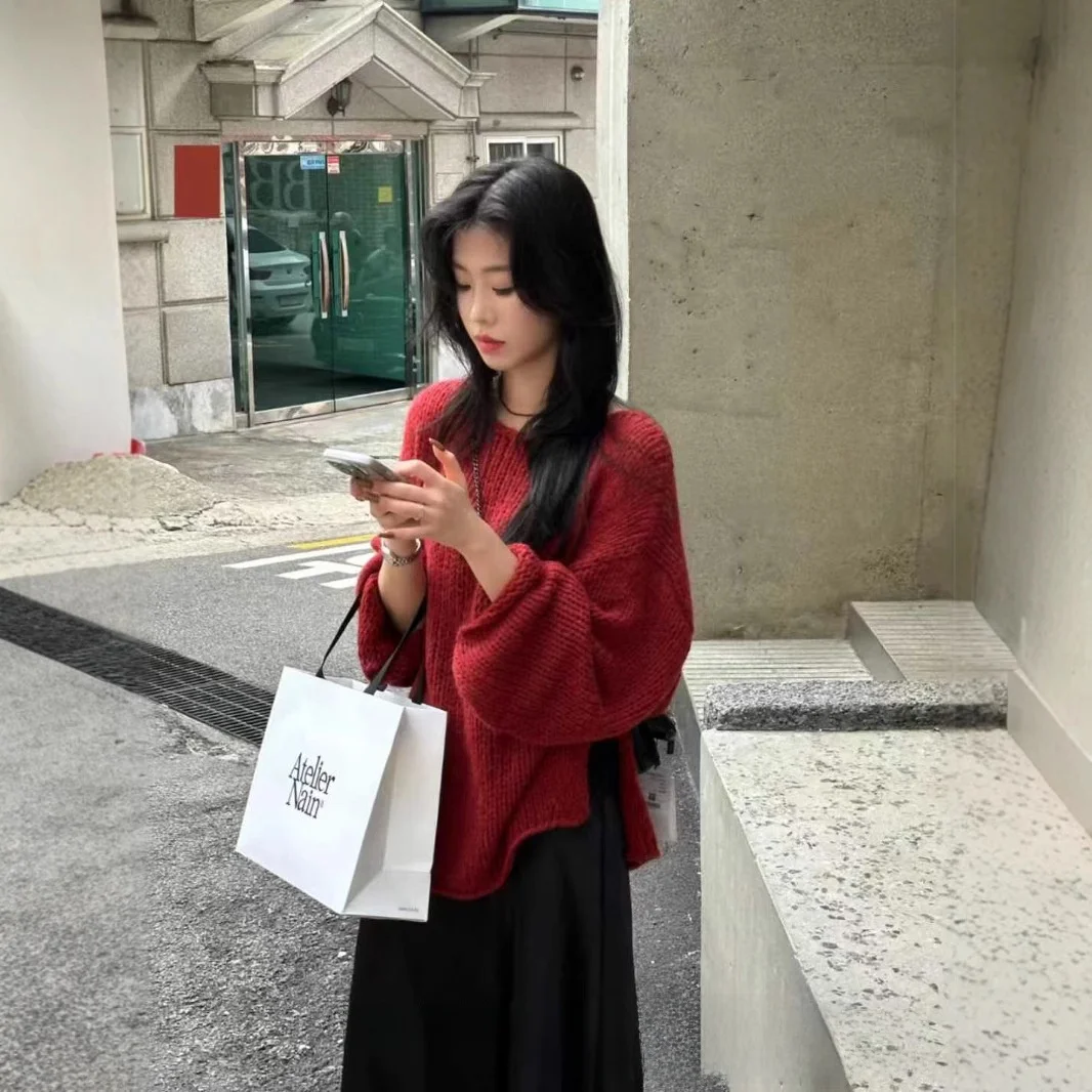 

Versatile Comfortable Casual 2025 New Fashionable Autumn Winter Slimming Side Split Long Sleeve round Neck Loose Fit Sweater