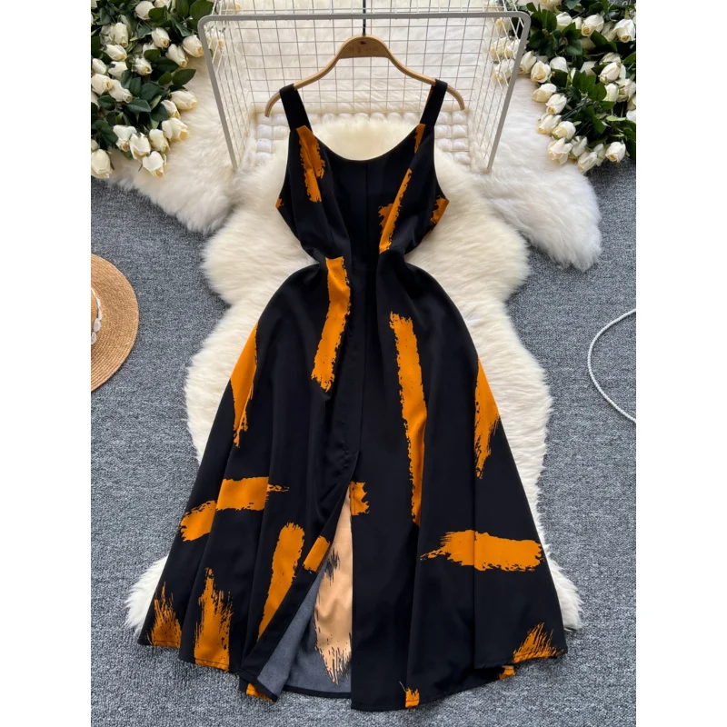 Boho Vintage Chic Frauen Sommer Blumendruck langes Kleid sexy Spaghettiträger Split Kleider elegante Tunika Strandurlaub Vestidos