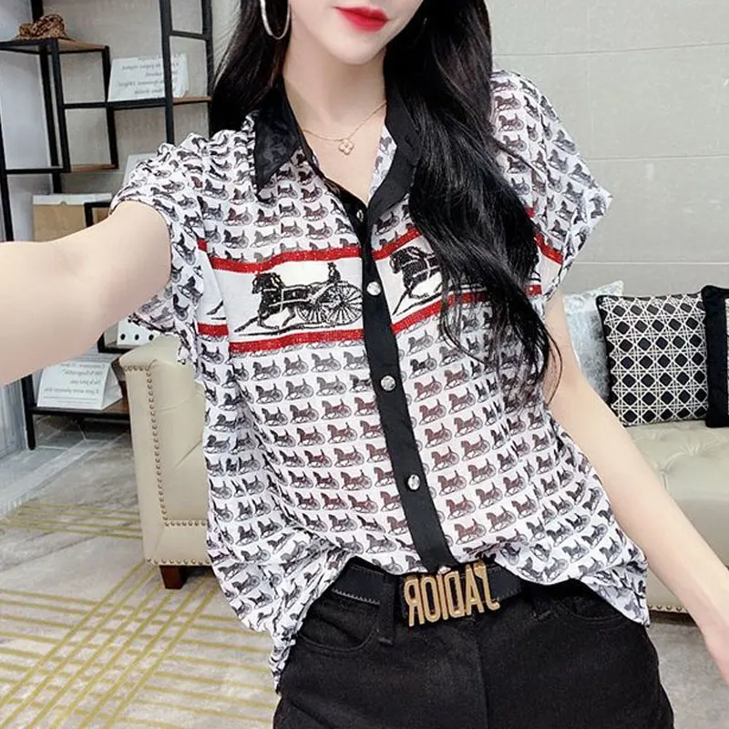 Vintage Printed Fashion Diamonds Shirt Summer Turn-down Collar Casual Chic Single-breasted Female Korean Loose Spliced Blouse