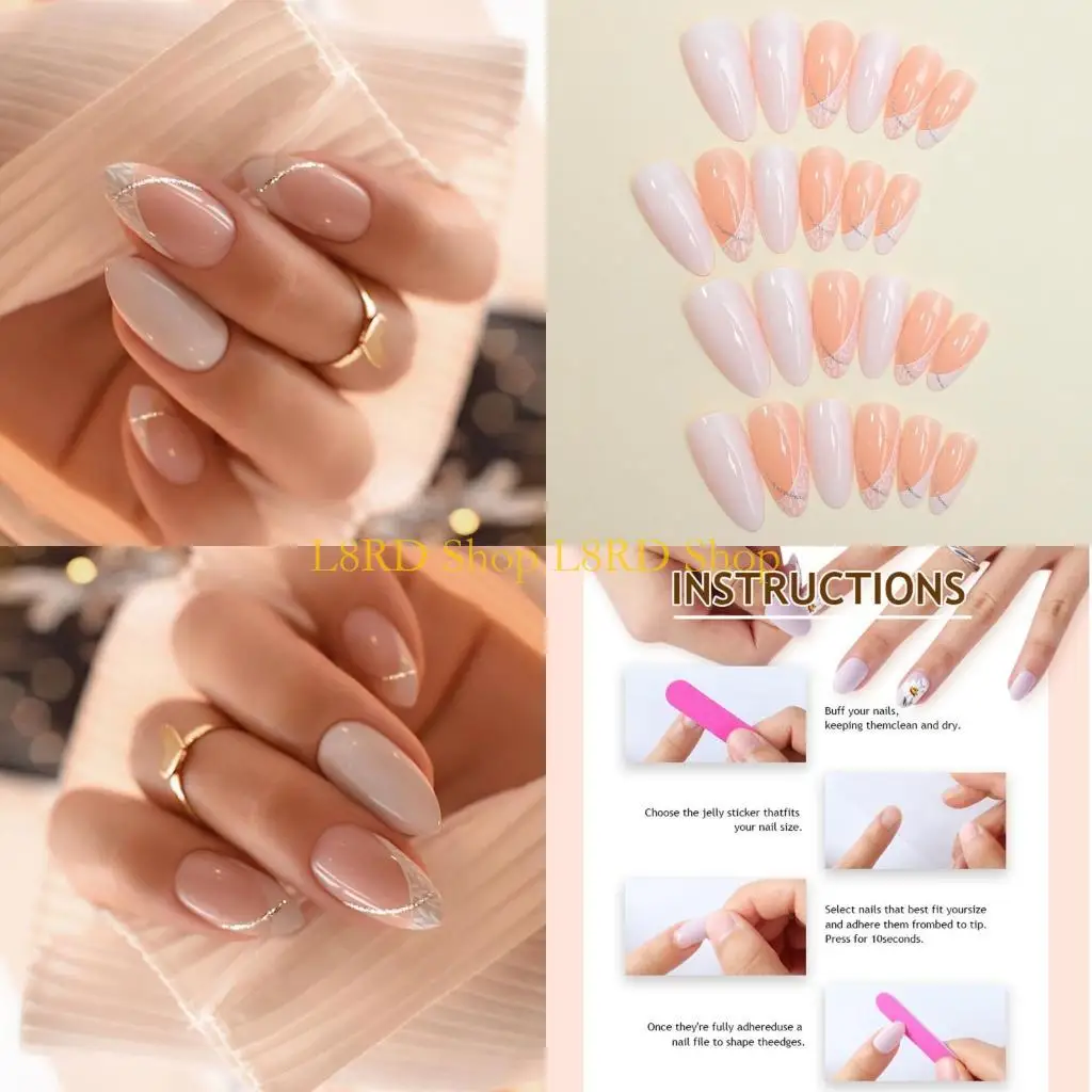 L8rd 24ピースアーモンドフレンチチップ光沢のある仕上げと輝きのあるStripe Designs for PartyまたはDaily