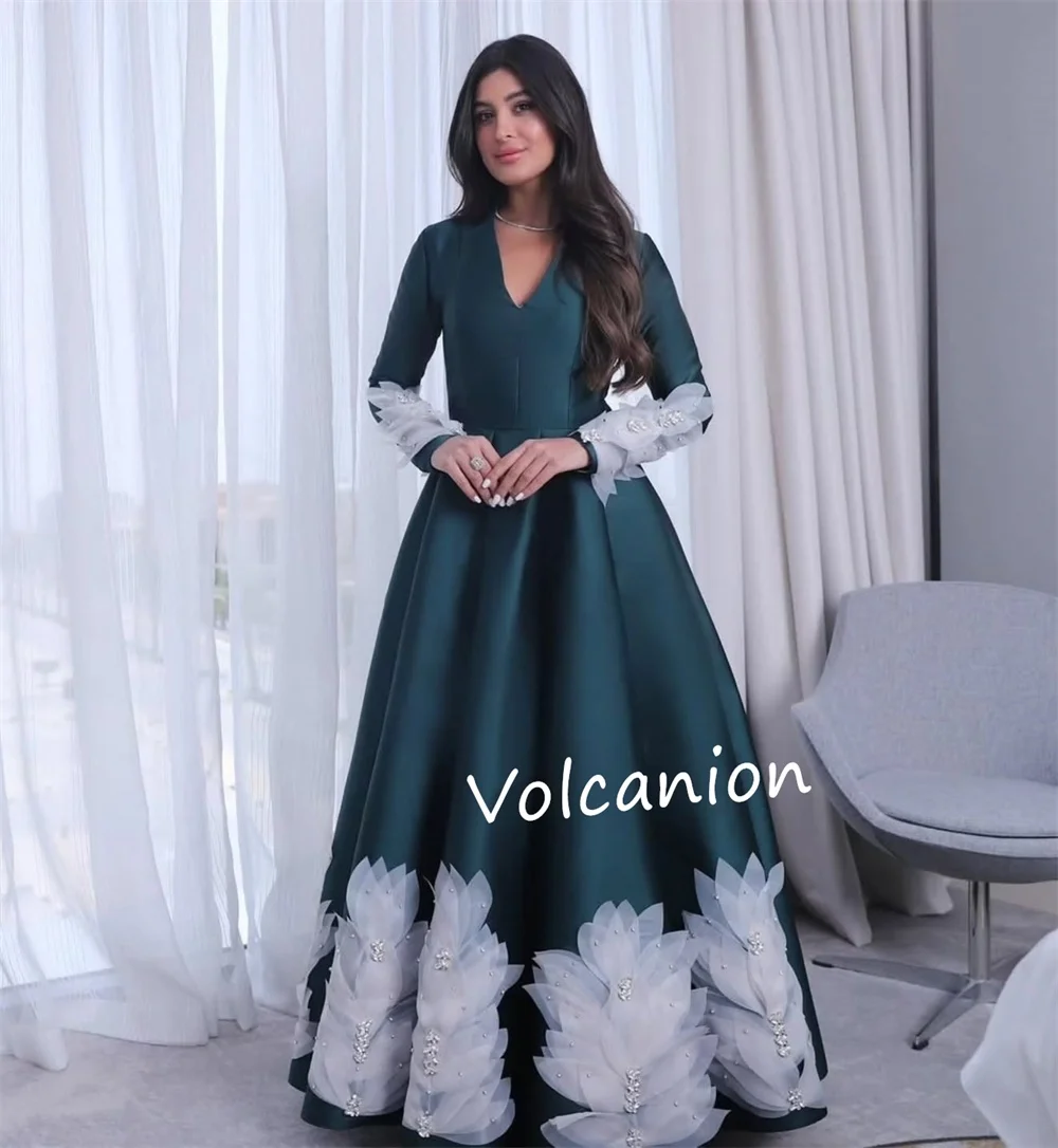 Gaun Panjang Kerah V A-line Manik-manik Bunga Applique Charmeuse Kustom Mode Elegan Malam Formal Acara Dipesan Lebih Dahulu