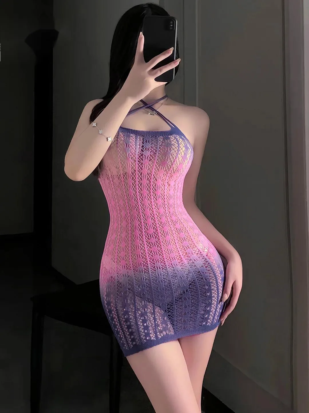 Sexy Color degradado ahueca hacia fuera el vestido ajustado en forma de lágrima coqueteo cuello colgante fuera del hombro sin mangas Mini vestido encantador 0Y8M