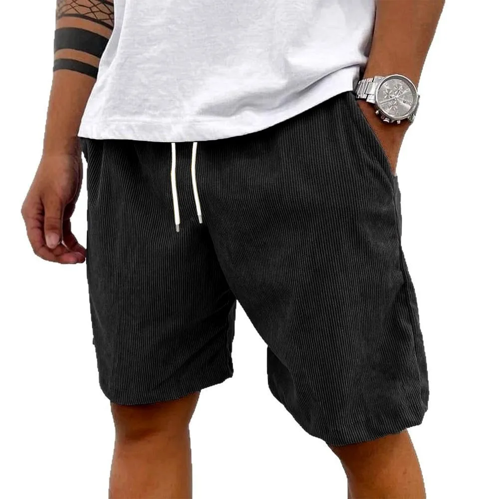 2026 new men's solid color corduroy shorts with casual and loose street style elastic waist and drawstring pocket summer shorts