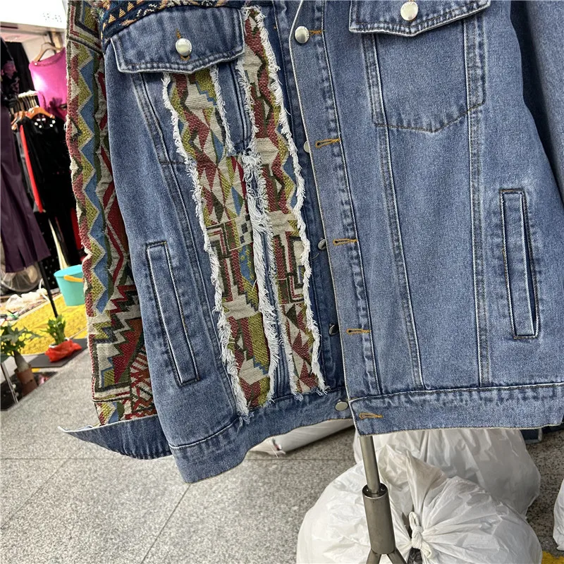 Harajuku Vintage สไตล์ชาติพันธุ์รูปแบบ Patchwork Blue Denim แจ็คเก็ตฤดูใบไม้ร่วงลําลองแขนยาวกางเกงยีนส์ Chaqueta Mujer