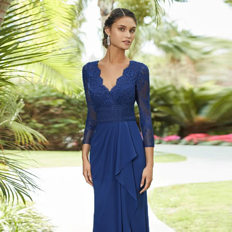 فستان سهرة نسائي أزرق ملكي على شكل حرف v أنيق ومكرر بأكمام ثلاثة أرباع فستان أم العروس تنورة بطول الأرض