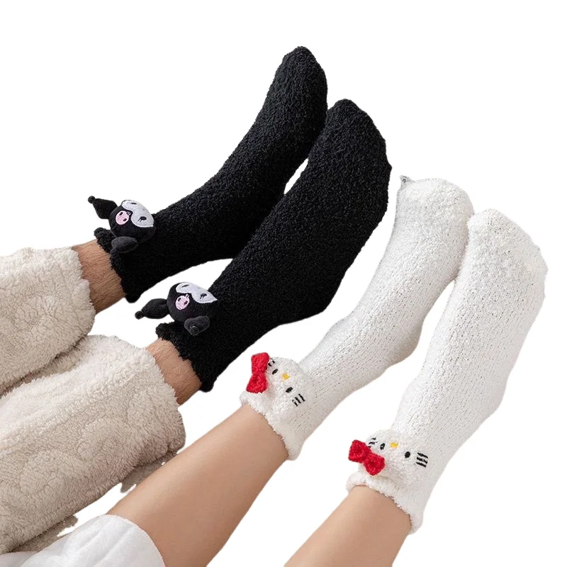 4Pcs Miniso Cinnamoroll Embroidery Coral Fleece Girl Piles of Socks Kawaii Hello Kitty Cartoon Cute Sleep Floor Thickened Socks