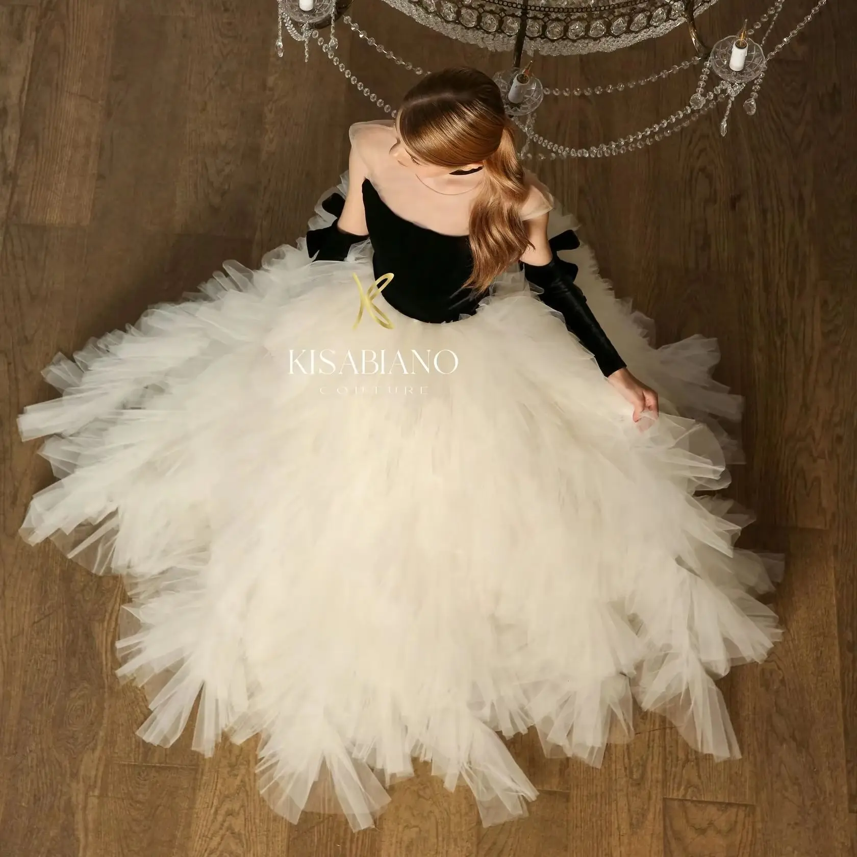 Black & Ivory Flower Girl Dresses For Wedding Princess Tiered Tulle Litter Girl's Baby Birthday Party Prom Photo Shoot Gowns