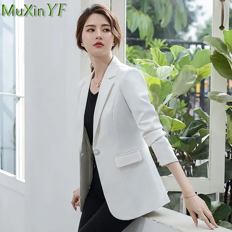 

Women's White Blazers Spring Autumn Korean Office Lady Graceful Slim Solid Suit Jacket Black Coat 2022 New Work Outerwear Female