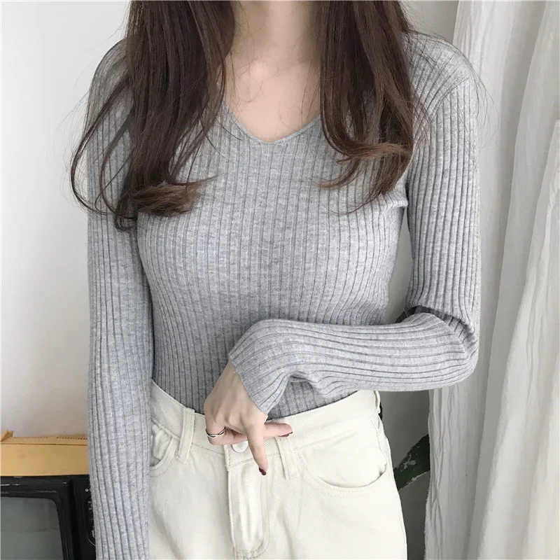 EVNISI Women V-Neck Slim Sexy Sweater Knit Long Sleeve Solid Bottoming Sweater Women Casual Pullovers Tops 2024 Autumn Winter